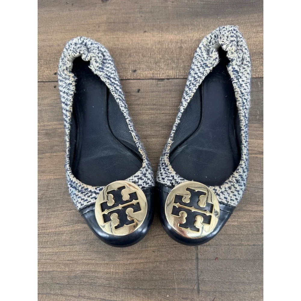 Tory Burch Reva Tweed Ballet Flats Blue Ivory Gold Logo Cap Toe Size 7